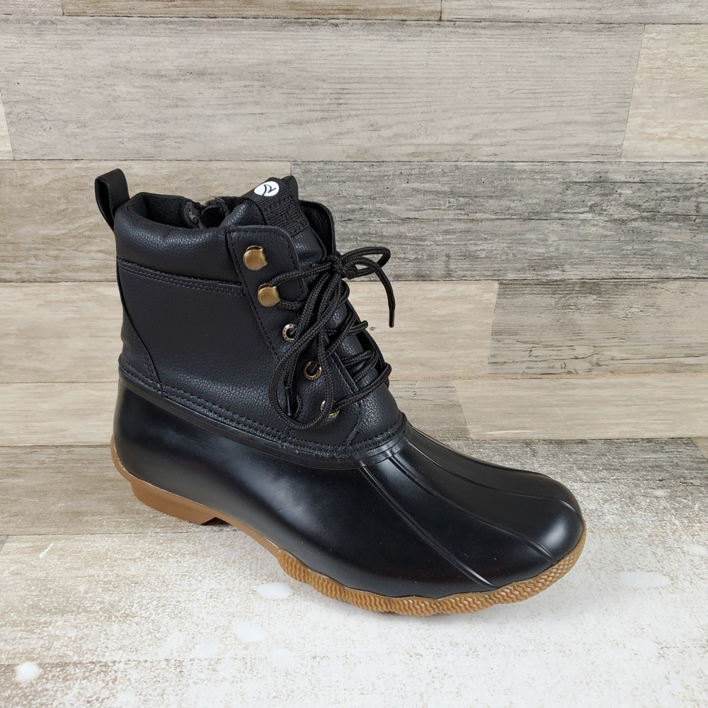 Sperry Raina Womens Duck Boot Sz 9 Black Leather Waterproof Lace-Up Mid-Top